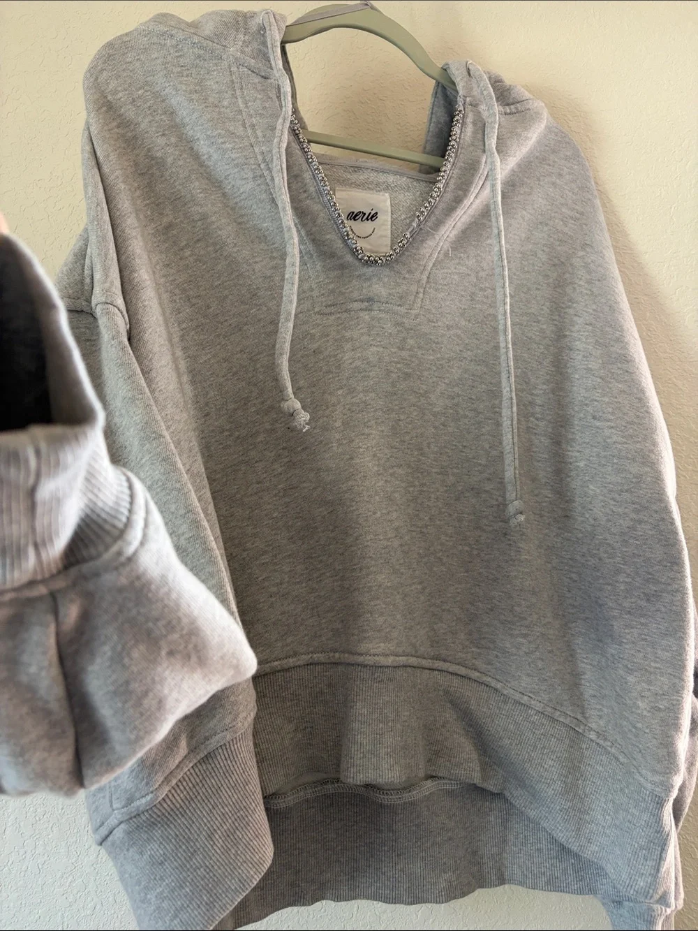 Aerie Light Gray Hooded Sweatshirt with Silver Beaded Trim - Picture 3 of 7